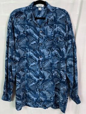 Vintage Batik Navy Blue Fish Bone Print Button-Up Long Sleeve Shirt Lg